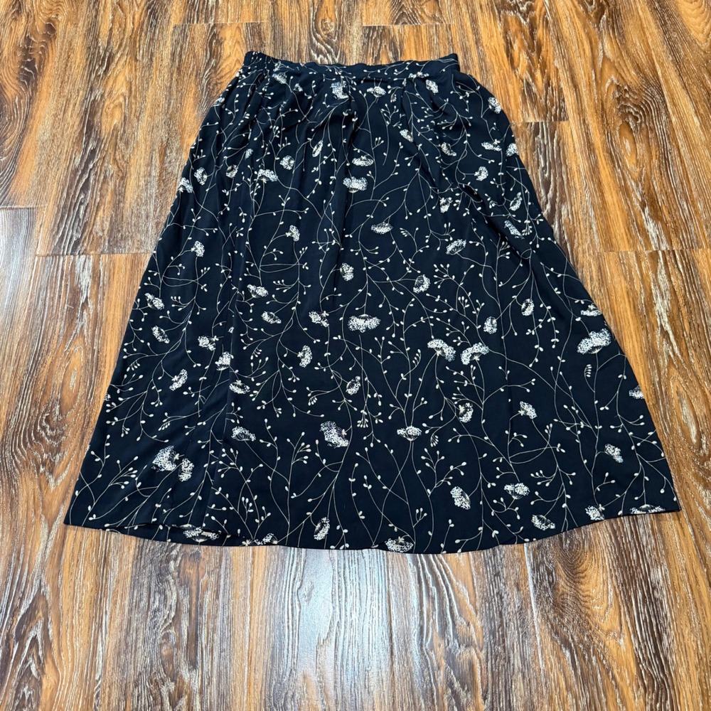 VTG Petite Medium Midi Skirt Womens Black Tan Floral Elastic Rayon Sag Harbor